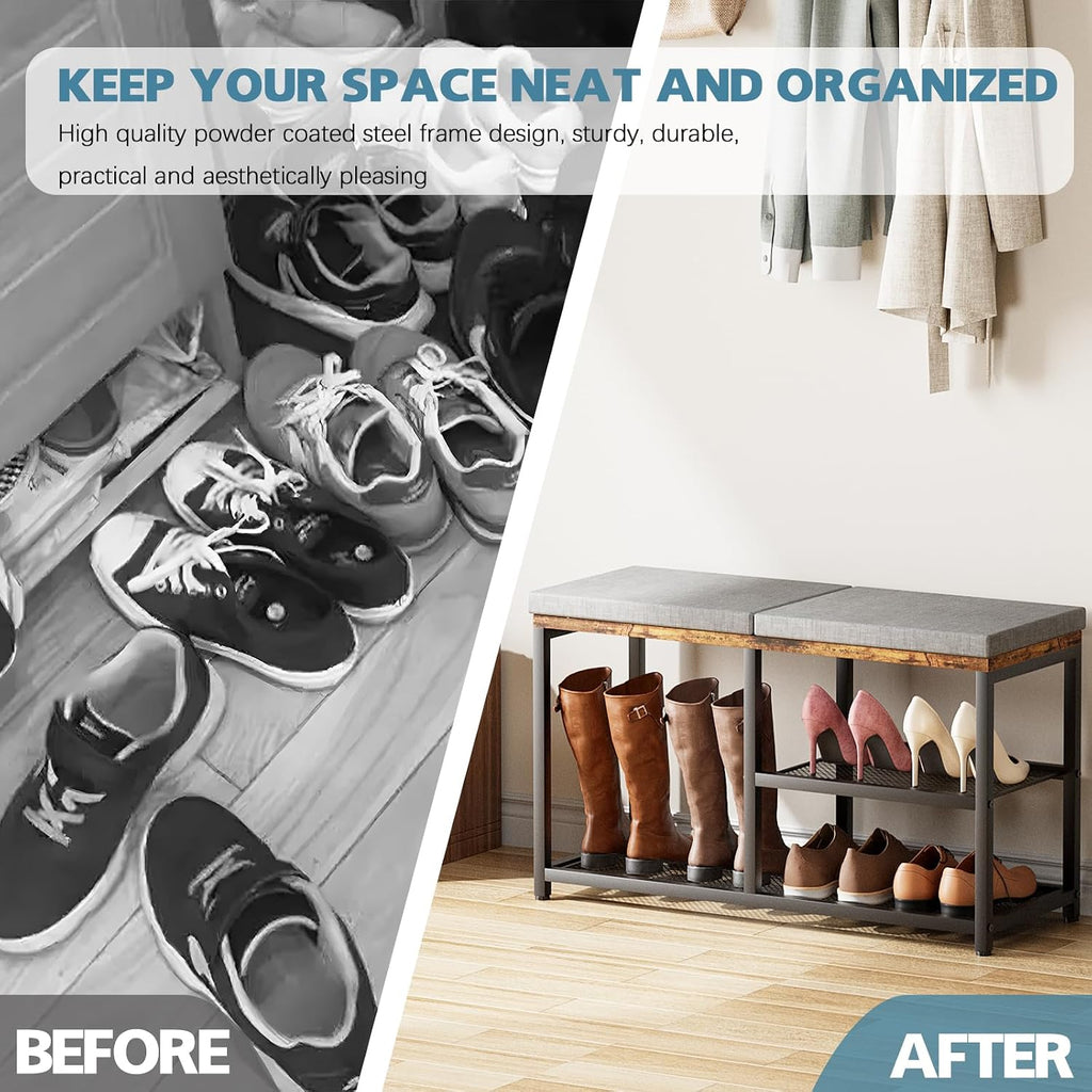 Shoe Rack for Entryway, Freestanding Hidden Shoe Storage Organizer, Boot Shoe Bench Shelves for High Heels with Seat cushion, Narrow Wood Shoe Rack for Entrance Closet, Hallway, 3 Tier (Gray+Black)