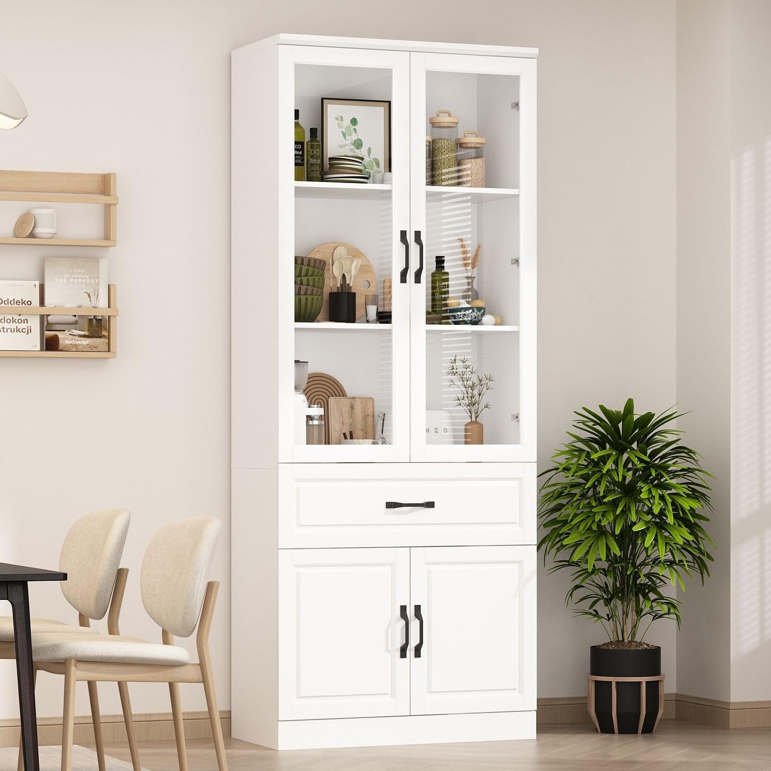 MOUMON Pantry Cabinet Kitchen Storage Cabinet with Glass Doors, Kitchen Pantry with Shelves & Drawer, for Living Room White (31.5”W x 15.7”D x 78.7”H), Small