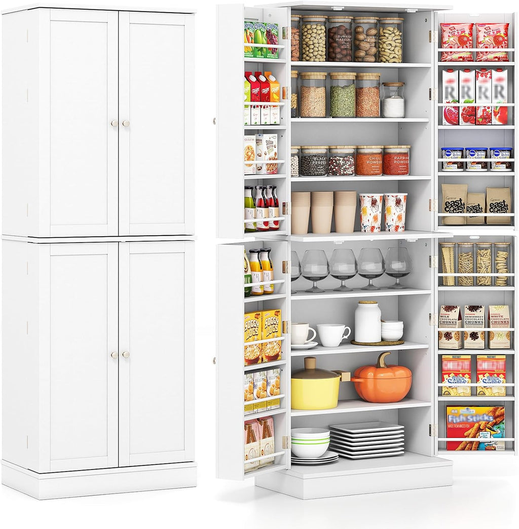 Giantex Kitchen Pantry Cabinet, 65.5" Tall Kitchen Hutch w/8-Tier Storage Cabinet, 16-Tier Door Shelves & Adjustable Shelves, 4-Door Freestanding Buffet Sideboard for Dining Room, Living Room, White