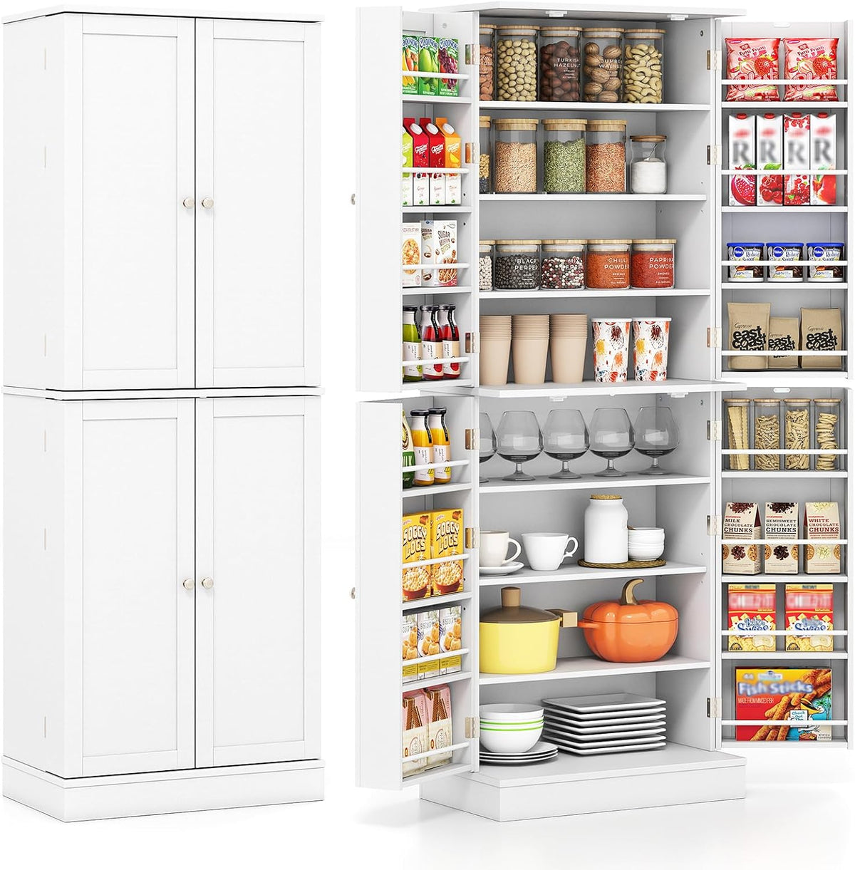Giantex Kitchen Pantry Cabinet, 65.5" Tall Kitchen Hutch w/8-Tier Storage Cabinet, 16-Tier Door Shelves & Adjustable Shelves, 4-Door Freestanding Buffet Sideboard for Dining Room, Living Room, White
