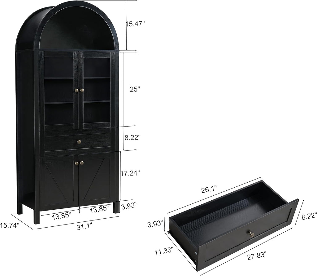 JIJIWANG Dome Kitchen Pantry Storage Cabinet with Doors & Adjustable Shelves,Farmhouse Large Sideboard Buffet with Drawer for Kitchen Living Room,Black