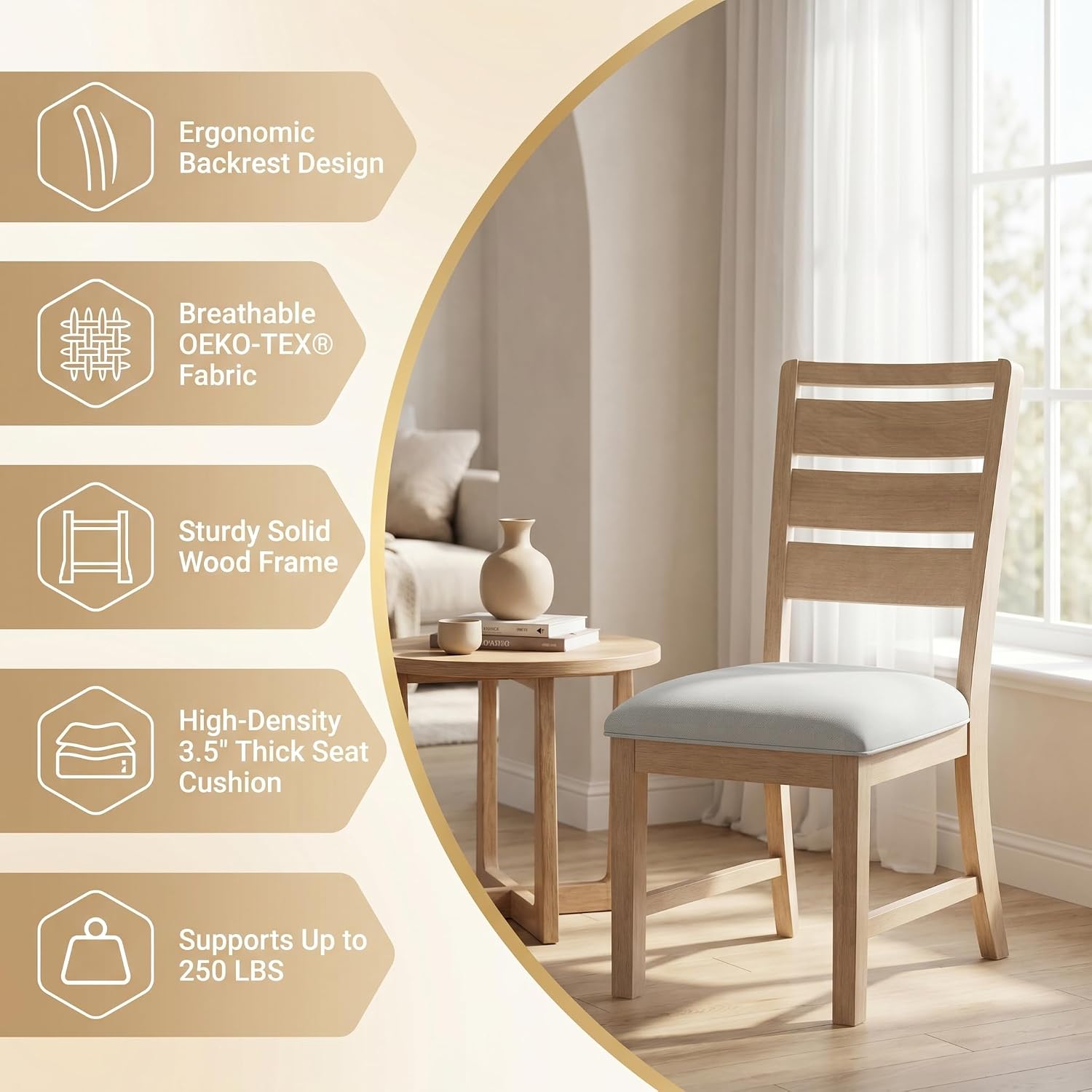 COLAMY Modern Dining Chairs Set of 2, Breathable Fabric Kitchen Chairs with High-Resilience Cotton Padding, Ergonomic Solid Wood Legs Accent Seating for Living Room 250LBS,Oak Natural