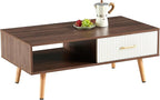 Mid Century Wooden Coffee Table with Stripe Drawer，Modern 41" Large Center Table with Storage，Rectangular Walnut Wood Coffee Tables for Living Room, 2-Tier Cocktail Table, Solid Wood Legs