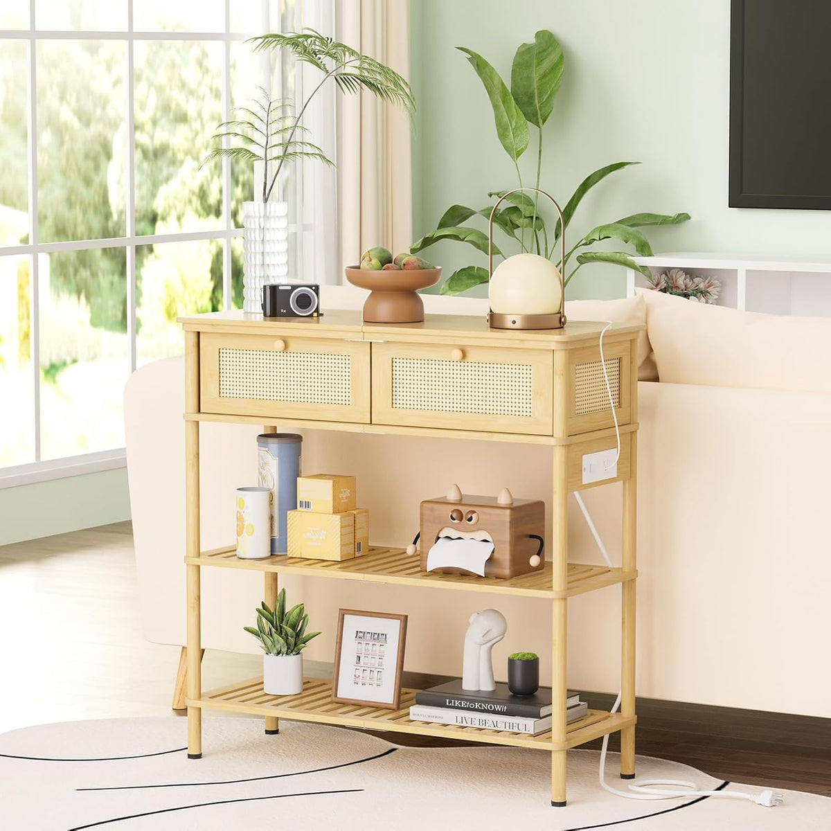 Entryway Table Sofa Console Table, Bamboo Small Entry Way Table with Drawers Storage and Power Outlets for Living Room, Hallway, Foyer, Entrance