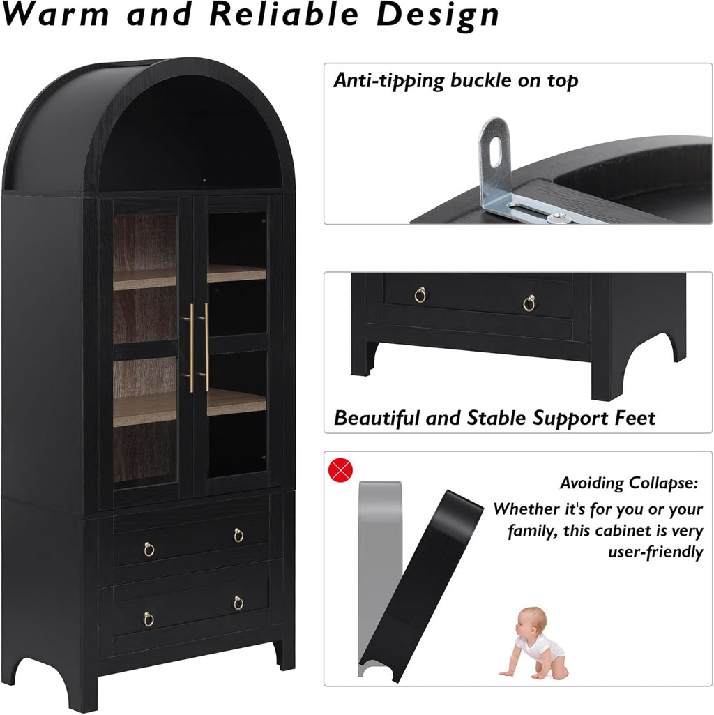 71" Tall Arched Kitchen Pantry Cabinet with 2 Drawers & Glass Doors, Modern Farmhouse Freestanding Storage Cabinet with Adjustable Shelves for Kitchen, Dining Room, Home Organizer(Black)