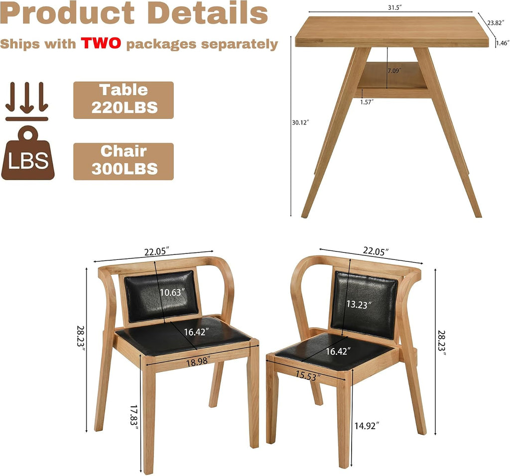 PADMA HOUSE Bistro Stacking Table Chair Set of 3, Wood Leather Dining Set | Black Kitchen Desk Chairs Set, Small Dining Table&Chair Set, Nesting Table Chair Set for Tavern Balcony Dining Indoor Patio