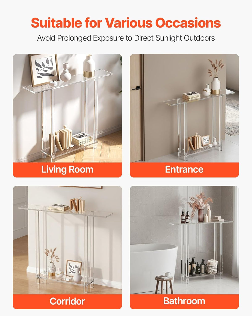 VEVOR Acrylic Narrow Console Table for Entryway, Clear Skinny Entry Side Table, 2-Tier Modern Transparent Sofa End Table, Square Legs, for Hallway, Foyer, Living Room, 7.6" D x 39.4" W x 31.5" H