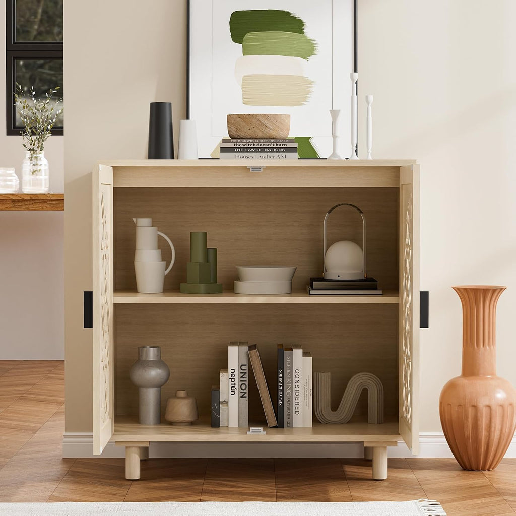 Decorative Storage Cabinet Sideboard with Hollow Carved Panels, 2 Doors, Natural Wood, 29.8 x 31.6 x 15.8 Inches. [Beige, 1pc]