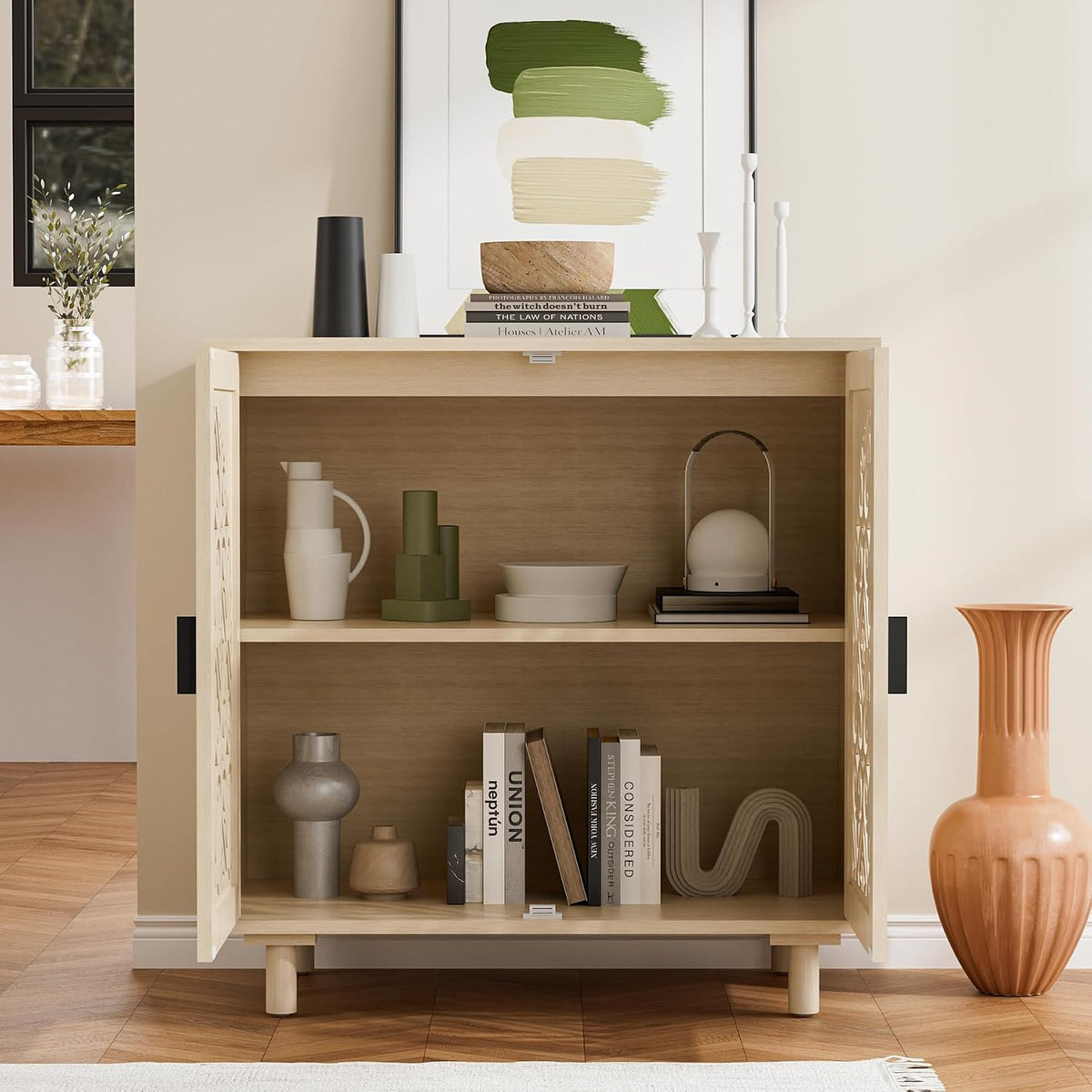 Decorative Storage Cabinet Sideboard with Hollow Carved Panels, 2 Doors, Natural Wood, 29.8 x 31.6 x 15.8 Inches. [Beige, 1pc]
