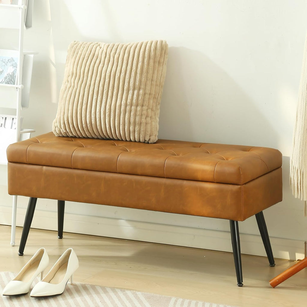 Storage Ottoman Long Upholstered Entryway Bench, 40" Cognac Brown | Large Flip-Top Entry Shoe Bench Dining Seat for Living Room Bedroom End of Bed Couch, Support 660lbs, Faux Leather
