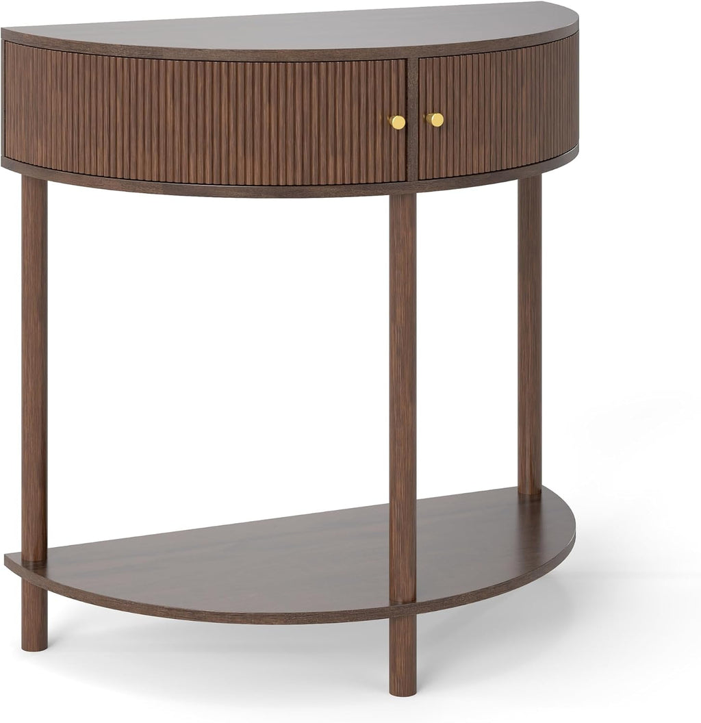 Knocbel Half Moon Console Table with Wave-Pattern Door, Semi-Circle Sofa End Table with 2 Storage Drawers and Bottom Shelf for Entryway Living Room, 31.5" W x 15.75" D x 32.3" H, Brown