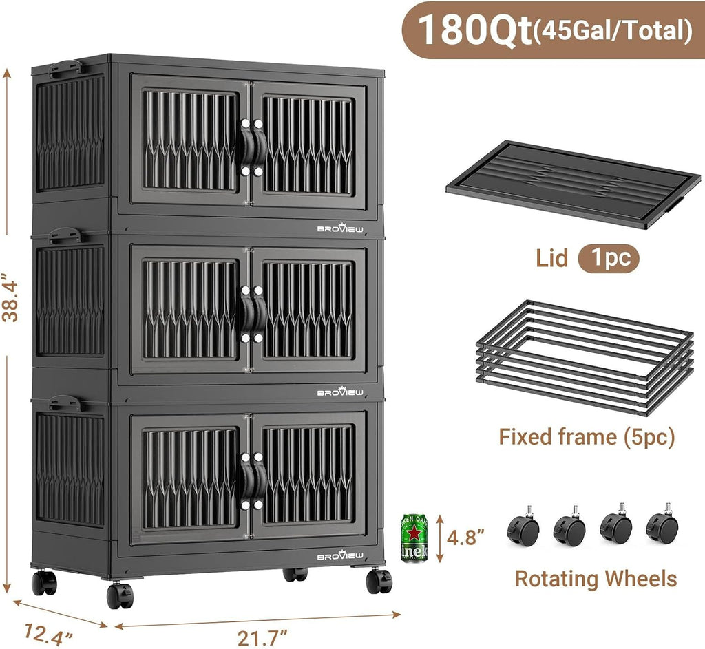 BROVIEW 180Qt Stackable Storage Bins with Lid, Extra Large Closet Organizer Collapsible Drawer Boxes with Wheels, Folding Plastic Cabinet Containers for Home Kitchen Room Organization, 3Pack Black