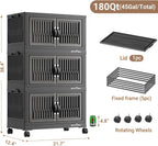 BROVIEW 180Qt Stackable Storage Bins with Lid, Extra Large Closet Organizer Collapsible Drawer Boxes with Wheels, Folding Plastic Cabinet Containers for Home Kitchen Room Organization, 3Pack Black