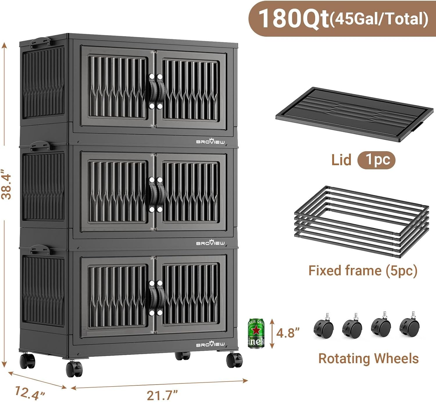 BROVIEW 180Qt Stackable Storage Bins with Lid, Extra Large Closet Organizer Collapsible Drawer Boxes with Wheels, Folding Plastic Cabinet Containers for Home Kitchen Room Organization, 3Pack Black
