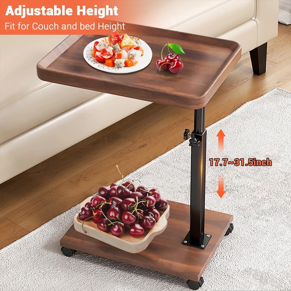C Shaped End Table Adjustable Height, 360°Swivel TV Tray Table for Small Spaces, Couch Tables That Slide Under, c Shaped Side Tables with Wheels