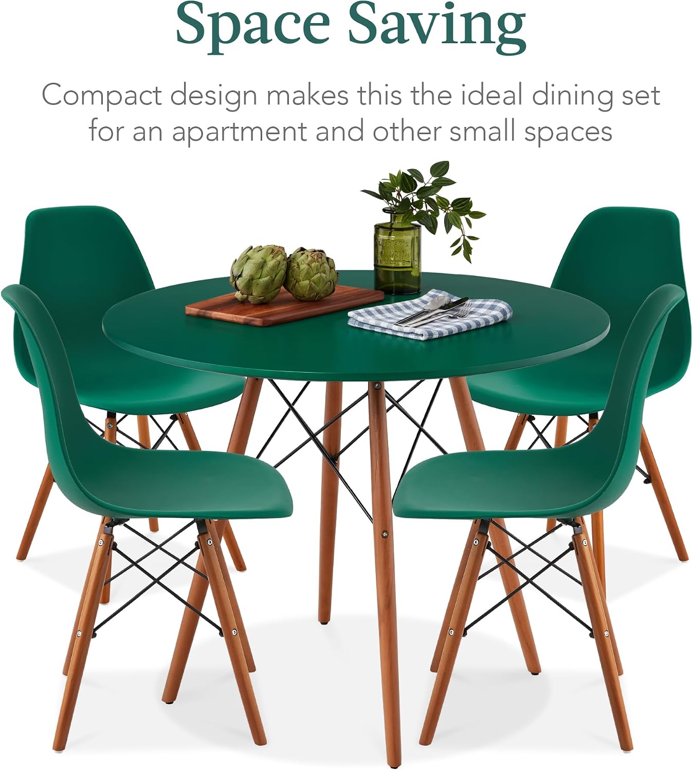 Best Choice Products 5-Piece Dining Set, Compact Mid-Century Modern Table & Chair Set for Home, Apartment w/ 4 Chairs, Plastic Seats, Wooden Legs, Metal Frame - Dark Green/Walnut