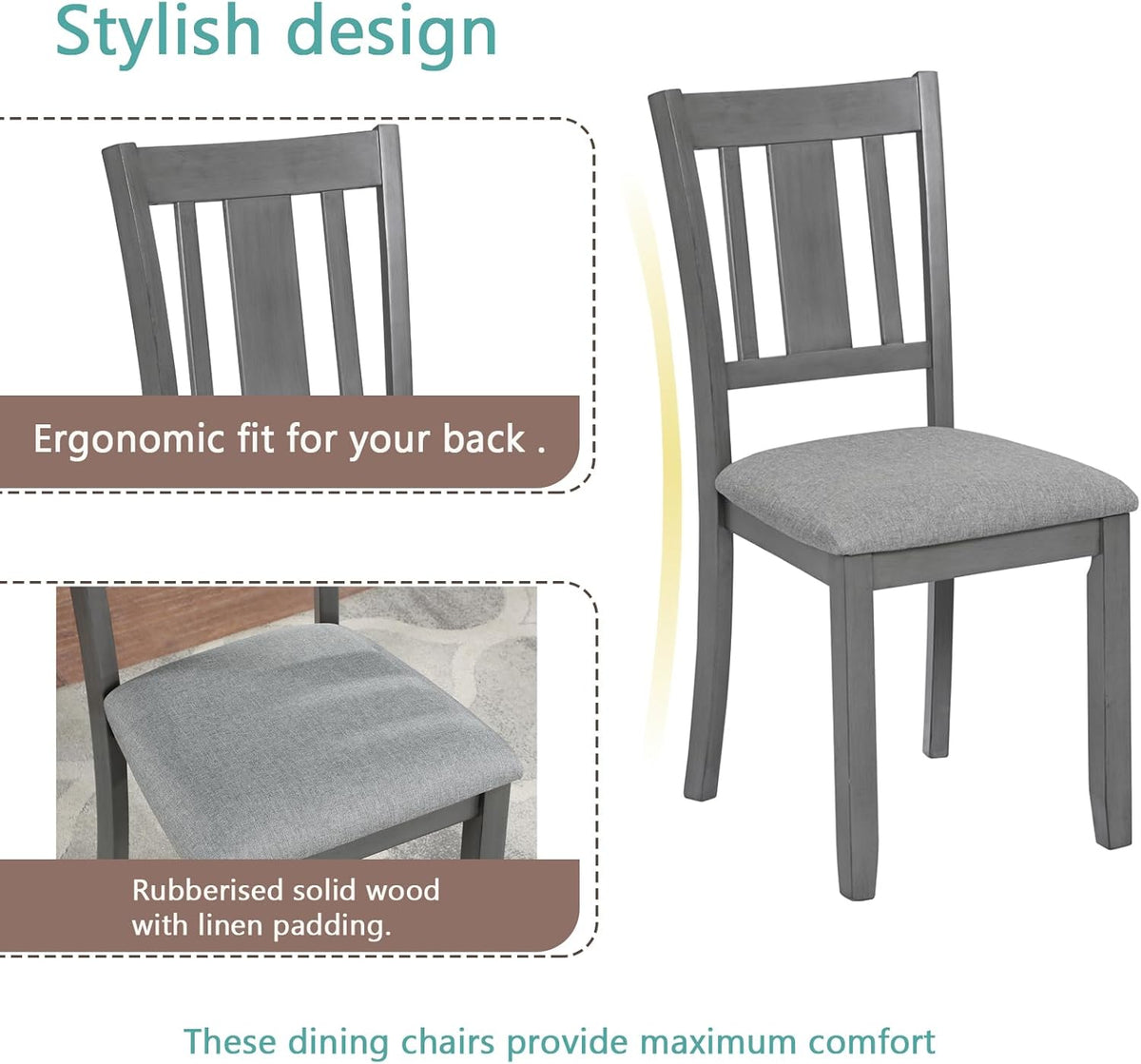 RuiSiSi 5 Piece Dining Table Set for 4, Farmhouse Kitchen Table with 4 Padded Seat Chairs, Solid Wood Dinette Set for Kitchen, Living Room, Grey