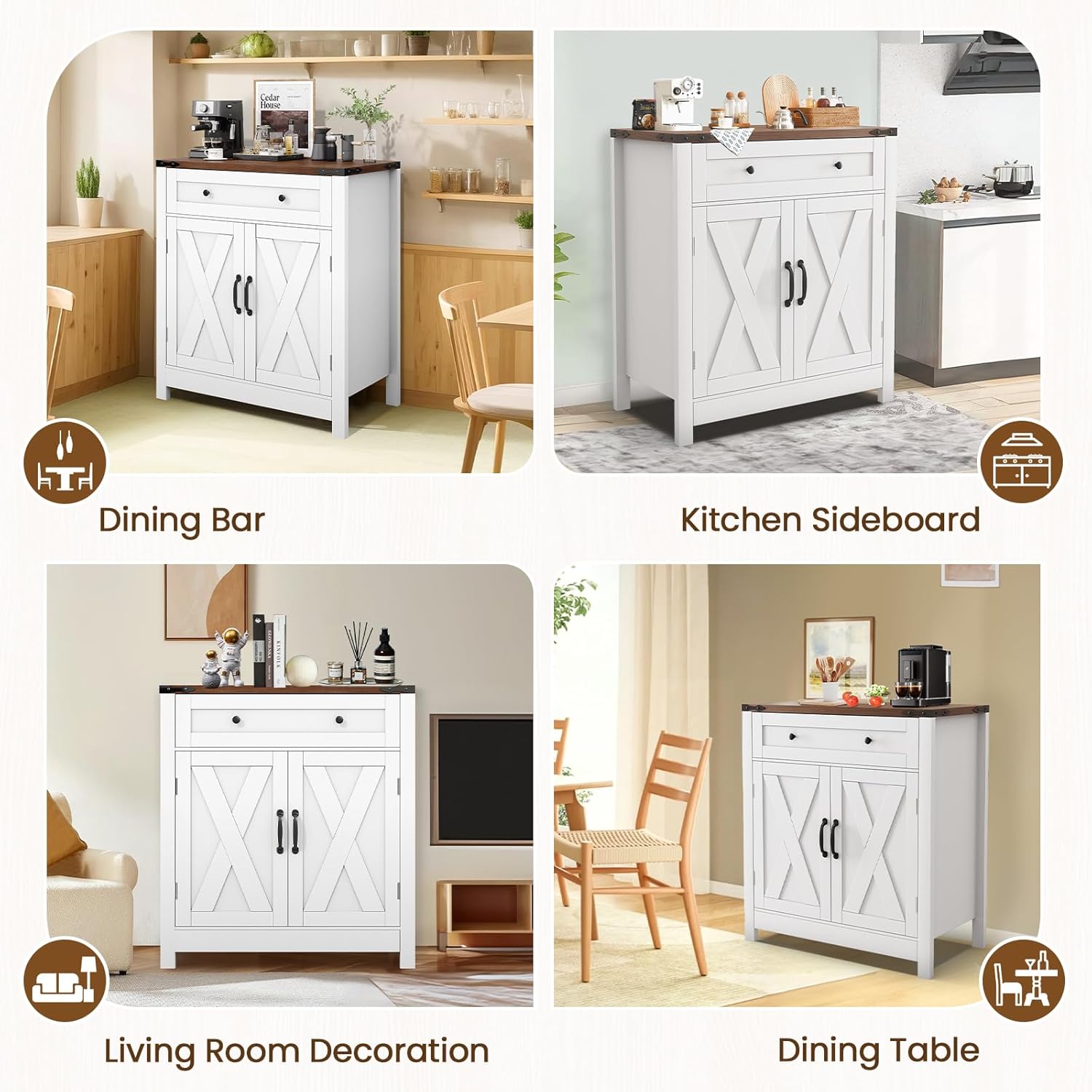 GRUSIGN 30" Coffee Bar Station, Kitchen Sideboard Buffet Cabinet with a Drawer and Adjustable Shelf, Modern Farmhouse Storage Cabinet for Kitchen, Living Room, Entryway, White