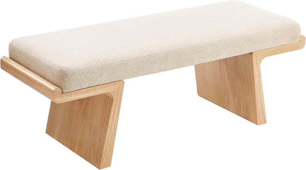 47.2" Natural Wood Bedroom Bench, Upholstered Entryway Bench, Modern End of Bed Ottoman with Soft Padded Seat & Solid Wood Frame for Dining Room and Living Room, Linen