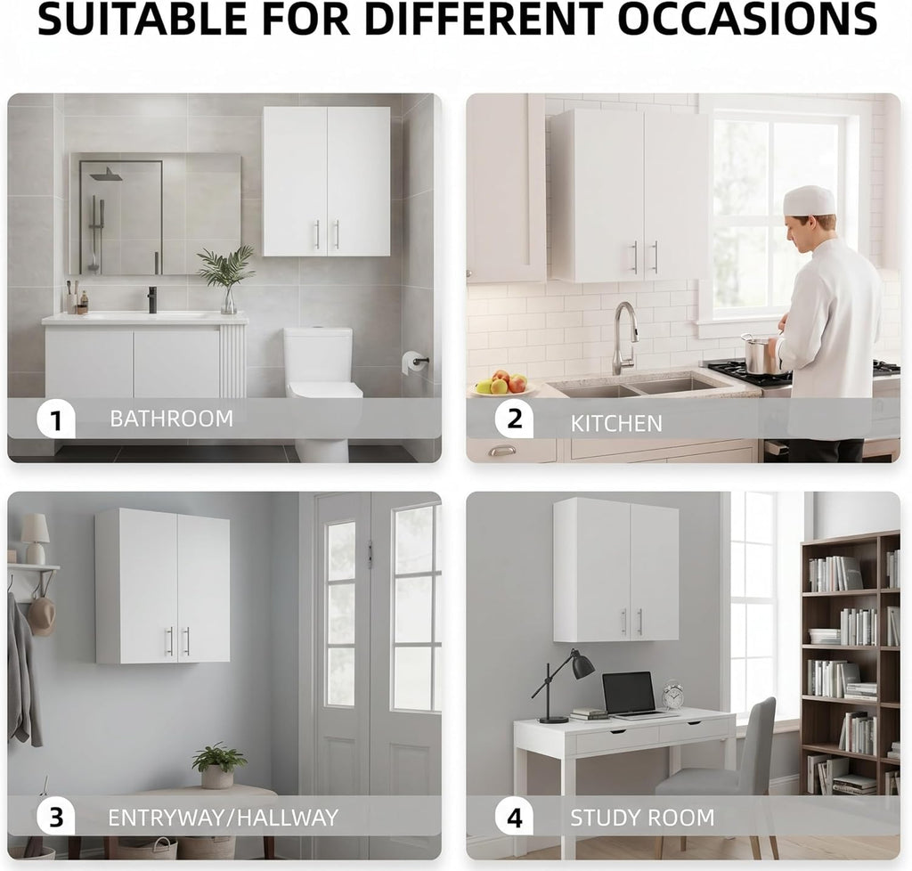 24 x 33 Inch Wall Cabinet Set of 2, Kitchen Wall Mounted Wooden Storage Cabinet, Double Door Cabinet with Soft Close, Metal Handle, Adjustable Shelf for Kitchen Laundry Bathroom Garage, White