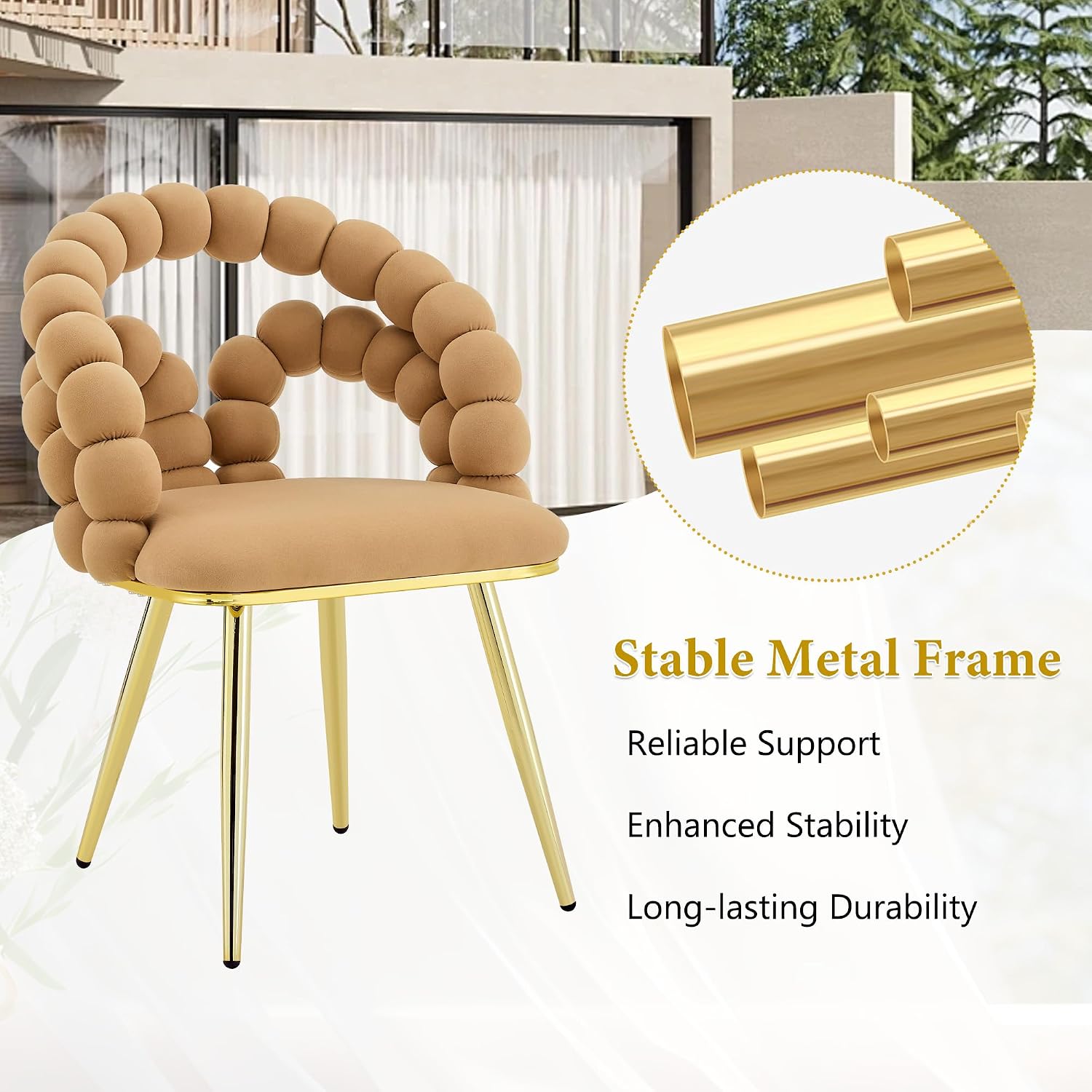 Aoowow Bubble Ball Chain Chairs, Contemporary Luxury Kitchen Chairs, Handcrafted Backrest, Lumbar Support, Modern Velvet Dining Chairs with Gold Legs for Kitchen, Dining Room (Brown, 4 Chairs)