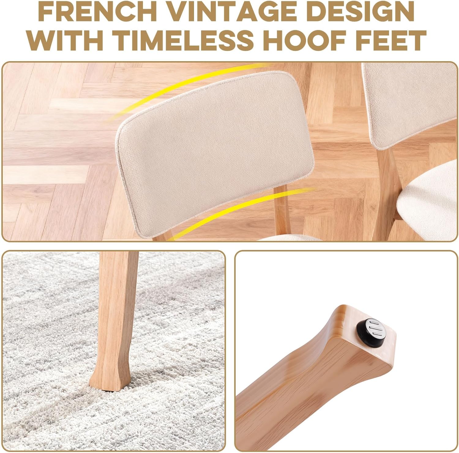 Wooden Dining Chairs Set of 4, Mid Century Modern Kitchen Chairs with Fabric Upholstered and Curved Backrest for Dining Room, Restaurant/Cafe, 300LBS Capacity, Natural