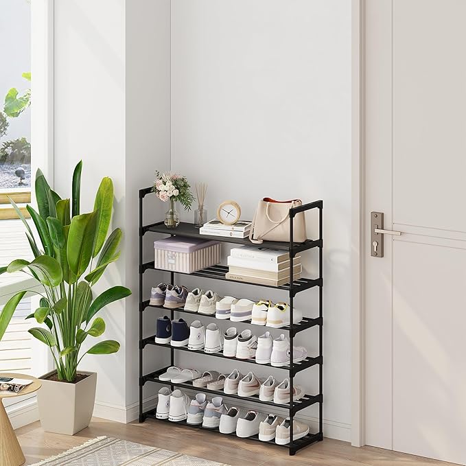 Calmootey 6-Tier Shoe Rack, Tall Large Capacity 30 Pairs Shoes Storage Organizer, Stackable Wide Shoe Shelf for Entryway, Hallway, Black