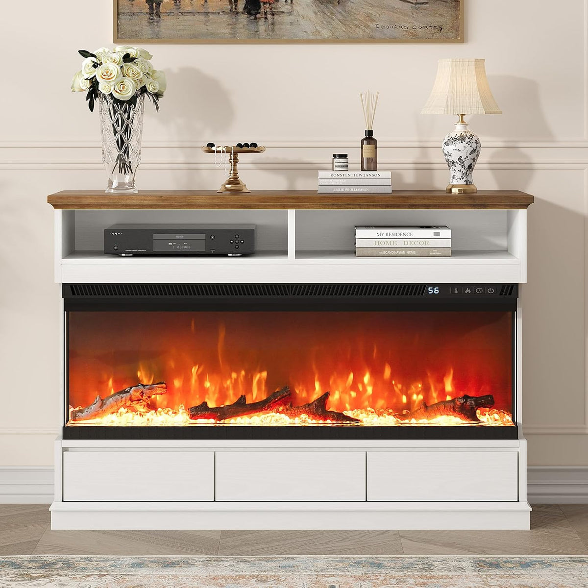 4 EVER WINNER Fireplace TV Stand with 50" Electric Fireplace, Fireplace Entertainment Center with 3-Side Glass Insert, 3 Drawers, TV Stands for Living Room, White