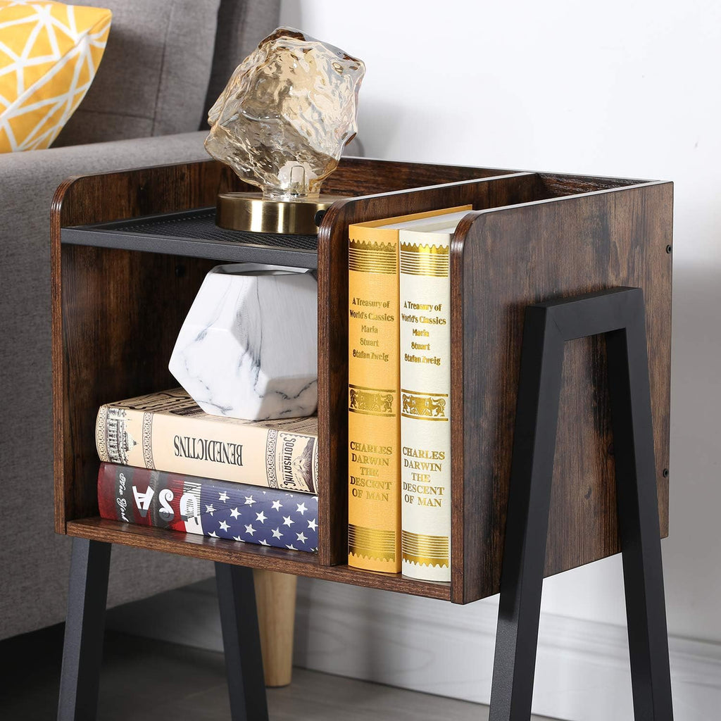 VECELO Nightstand Industrial End Table,Bedside Table with 2-Tier Open Storage Shelves,Wood Side Table with Metal Frame for Bedroom, Living Room,Small Spaces