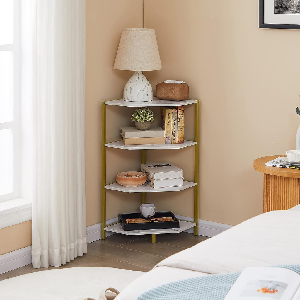 VECELO 31 Inch Corner Shelf, 4-Tier Display Shelves, Wood Storage Stand with Metal Frame, Multipurpose Shelving Unit for Small Space, Home Office,Brushed Gold