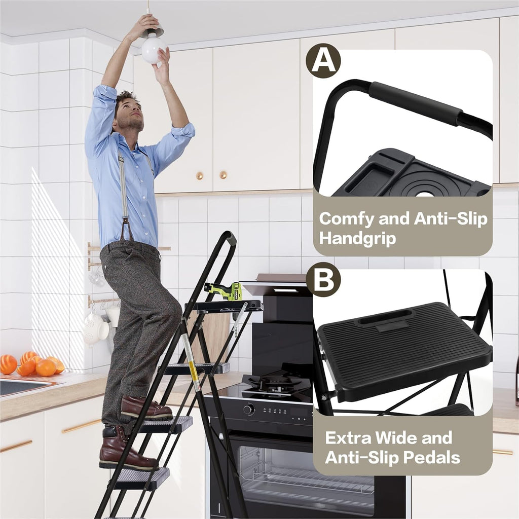 4-Step Ladder with Wide Anti-Slip Platform & Thick Rubber Feet | Heavy Duty Foldable & Portable | 330 lbs Capacity, Steel Frame, Rubber Handgrip, Folding Step Stool