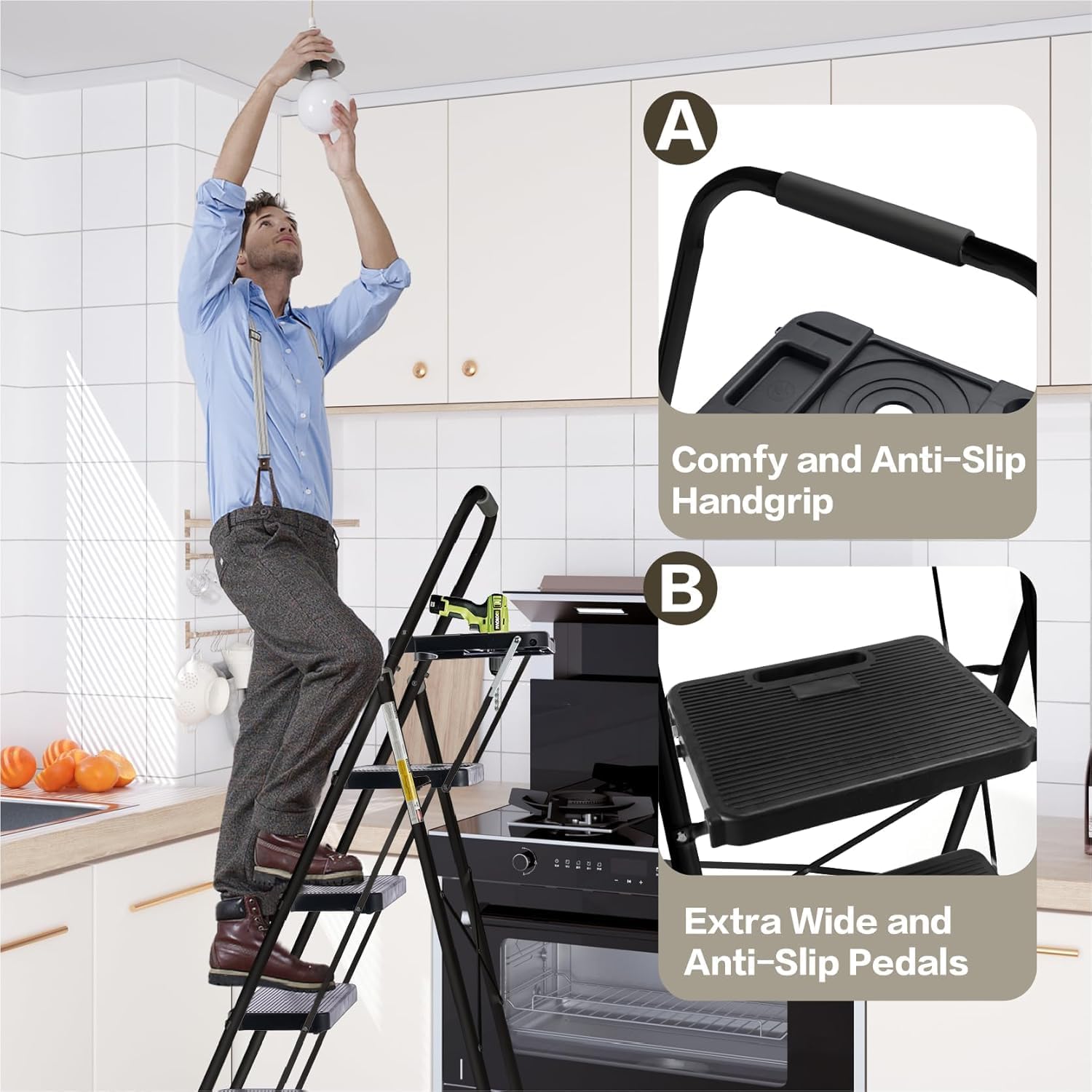 4-Step Ladder with Wide Anti-Slip Platform & Thick Rubber Feet | Heavy Duty Foldable & Portable | 330 lbs Capacity, Steel Frame, Rubber Handgrip, Folding Step Stool