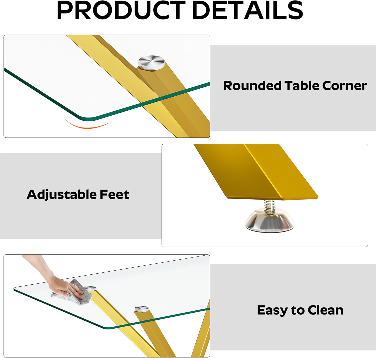 yeag Modern Rectangular Glass Dining Table Set for 4, 47" Clear Tempered Glass Kitchen Table with Gold Metal Legs & 4 White PU Faux Leather Upholstered Dining Chairs for Home, Dining Room, Office