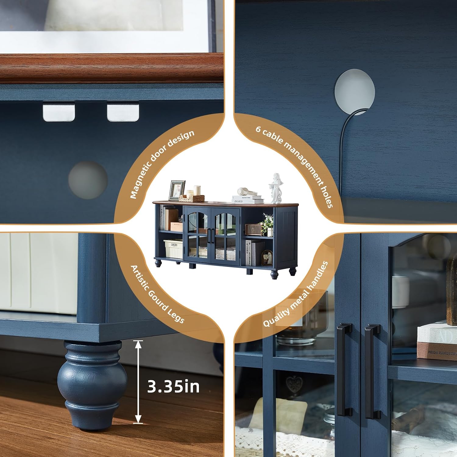 RWYHG Farmhouse TV Stand for 60 in TV, Entertainment Center for Living Room | Adjustable Shelves, Magnetic Glass Door, Sturdy Gourd Base, Wood Grain Top, High Capacity Storage Cabinet, Navy Blue