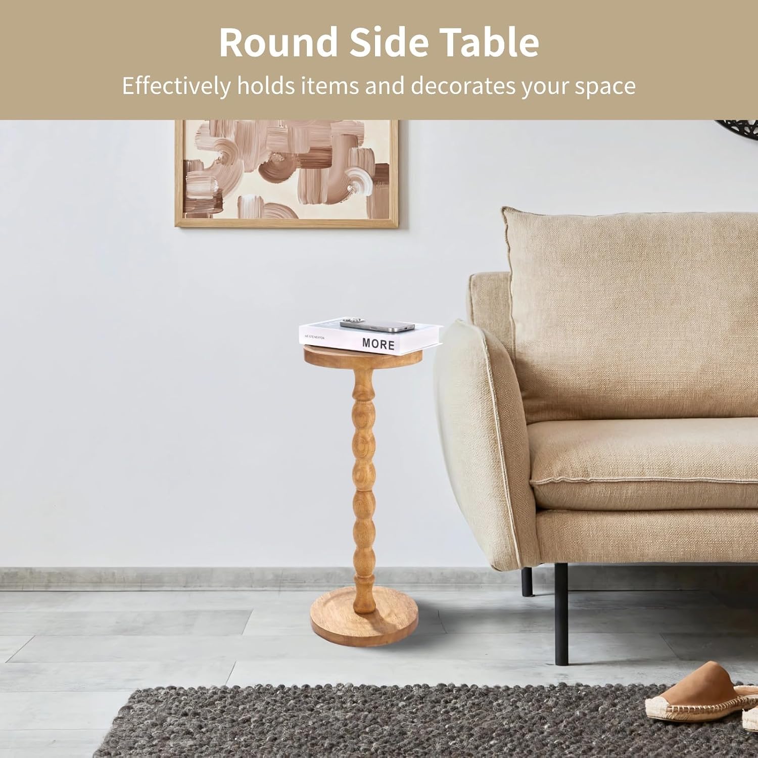 Small Round Side Table Brown, 9.4 in Drink Table with Rubberwood Material, Stable, Easy to Assemble, Space-Saving End Table for Living Room, Bedroom, Kitchen