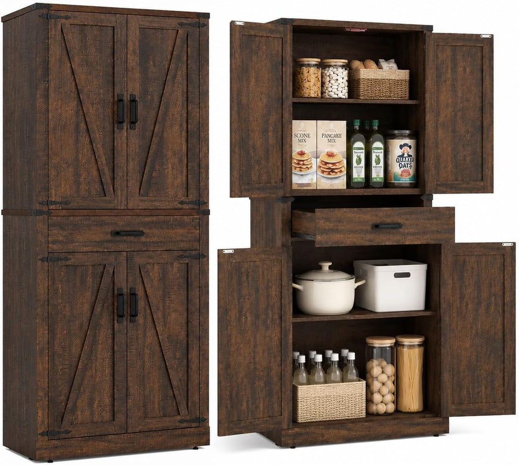 Hlivelood 72" Tall Farmhouse Kitchen Pantry Cabinet with Drawer, Rustic Wood Cupboard Storage Cabinet w/Organizer and 4 Barn Doors, Storage Cabinet for Kitchen, Dining Room, Living Room, Brown