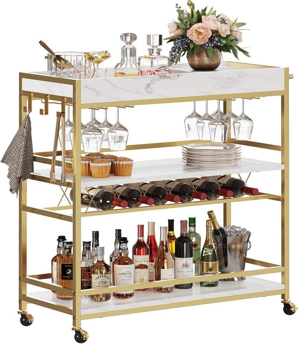 BON AUGURE Gold Bar Cart on Wheels for Home with Wine Rack & Glass Holders | 3-Tier, Rolling Serving Cart for liquor, Wine and Beverages, Lockable Mobile Wheels for Home Bars, Faux Marble+ Gold Frame