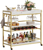 BON AUGURE Gold Bar Cart on Wheels for Home with Wine Rack & Glass Holders | 3-Tier, Rolling Serving Cart for liquor, Wine and Beverages, Lockable Mobile Wheels for Home Bars, Faux Marble+ Gold Frame