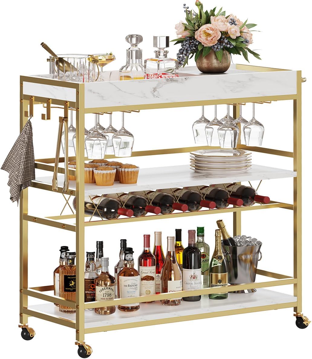 BON AUGURE Gold Bar Cart on Wheels for Home with Wine Rack & Glass Holders | 3-Tier, Rolling Serving Cart for liquor, Wine and Beverages, Lockable Mobile Wheels for Home Bars, Faux Marble+ Gold Frame