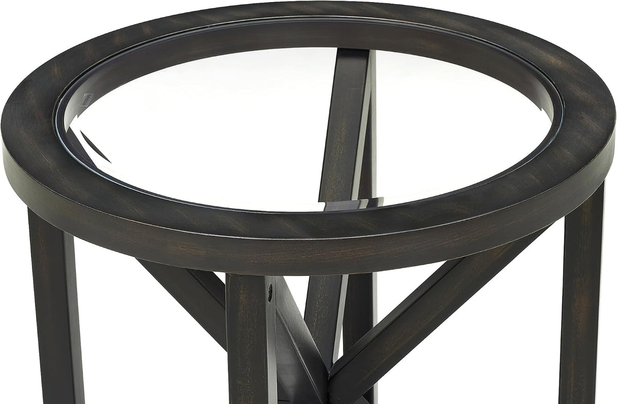 22 inch Round Side Table, Tempered Glass End Table with Solid Wood Base for Living Room, Black