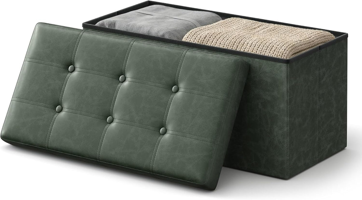SONGMICS HOME Storage Ottoman, Removable Lid, Foldable Foot Stool, PU Leather, for Entryway, Living Room, Bedroom, 15.2 x 30.2 x 15.2 Inches, Green