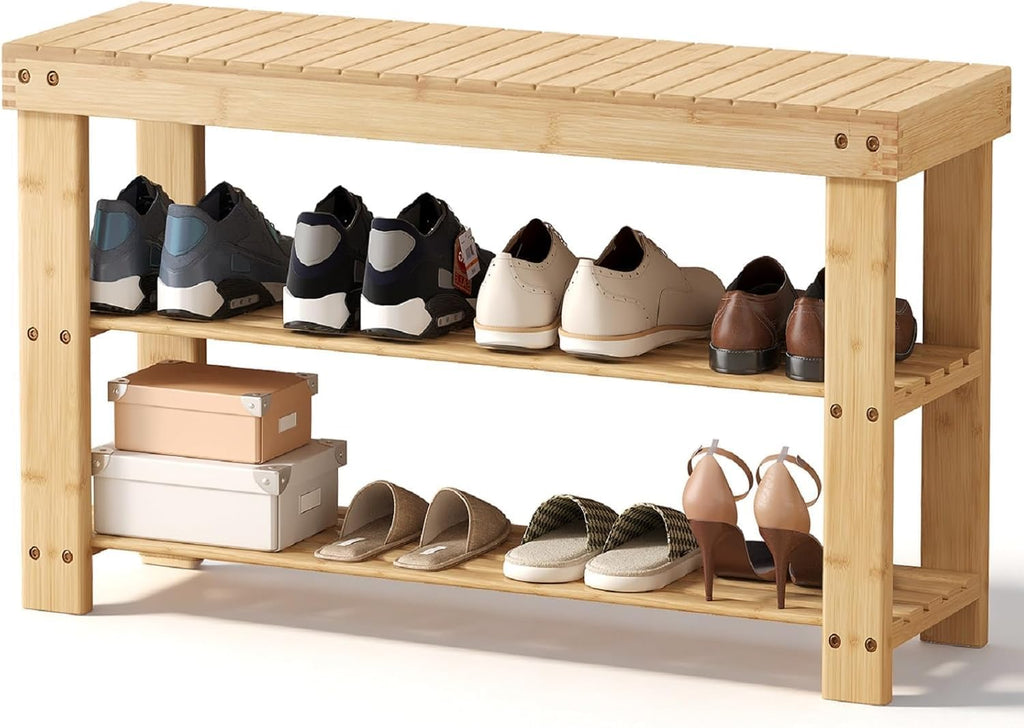 Simple Deluxe Shoe Rack Bench, 3-Tier Bamboo Storage Organizer, 286lb Capacity Entryway Bench for Front Door, Bedroom, Living Room, Bathroom, Balcony, Stylish Shoes Wood (11.3 x 35.4 x 17.8 Inches)