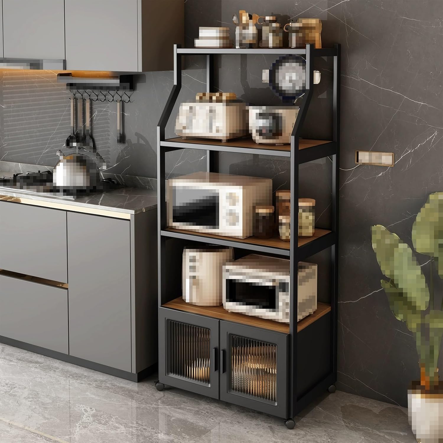 Kitchen Pantry Storage Cabinet Environmentally Friendly Particle Board Silent Hinge + Glass Door Storage Design for Kitchen Dining Living Study Room, Black(50 * 44 * 165cm)