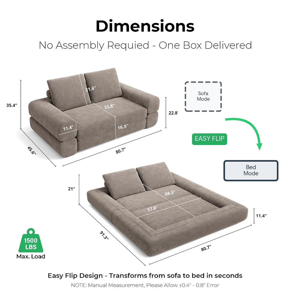 LIKIMIO FlipNest Convertible Sleeper Sofa Bed Floor Sofa 3-in-1 No Assembly, Foldable Mattress with Corduroy Upholstery Light Brown, Lounge Loveseat Couch for Living Room Studio Guest Room