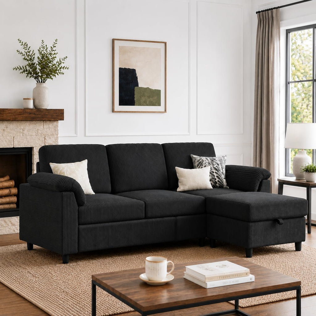 Vongrasig 79" Convertible Sectional Couch for Living Room, Modular L Shaped Sofa with Movable Ottoman, Comfy Corduroy Fabric Couch with Removable Covers, Modern Apartment Furniture, Black