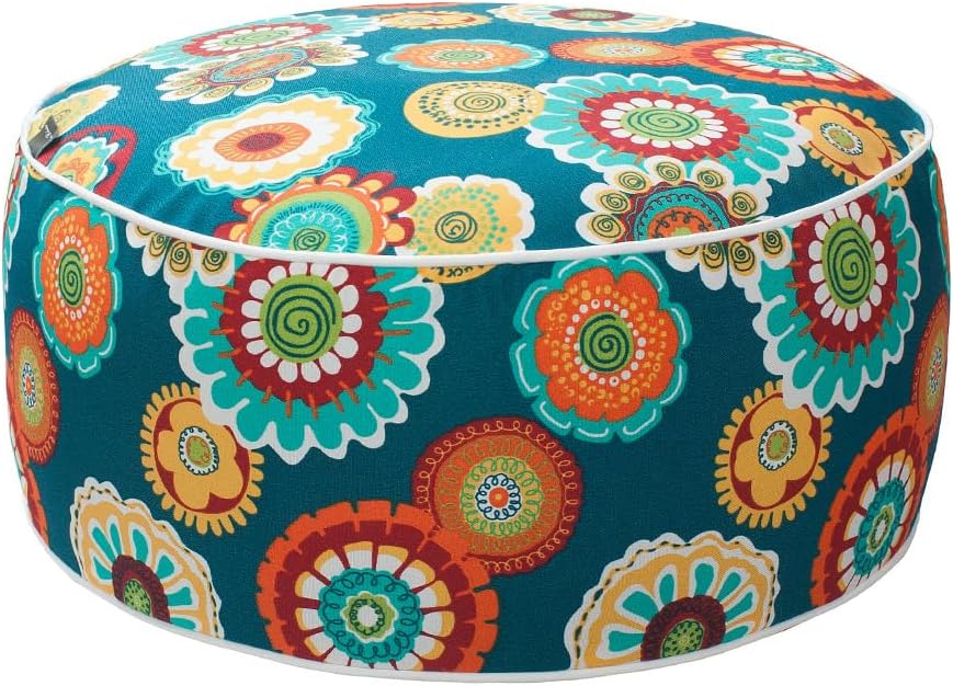Magpie Fabrics Indoor/Outdoor Inflatable Stool Ottoman Pouf, Water Repellent Round Footrest Footstool D20 xH9, Portable for Patio Garden Camping or Home, Floral Green