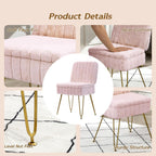 Vanity Chair with Storage | Comfy Ottoman with Folding Back | Faux Fur Vanity Stool with 4 Metal Legs for Make Up | Furry Padded Seat with Anti-Slip Feet for Bedroom Dressing Room | Pink
