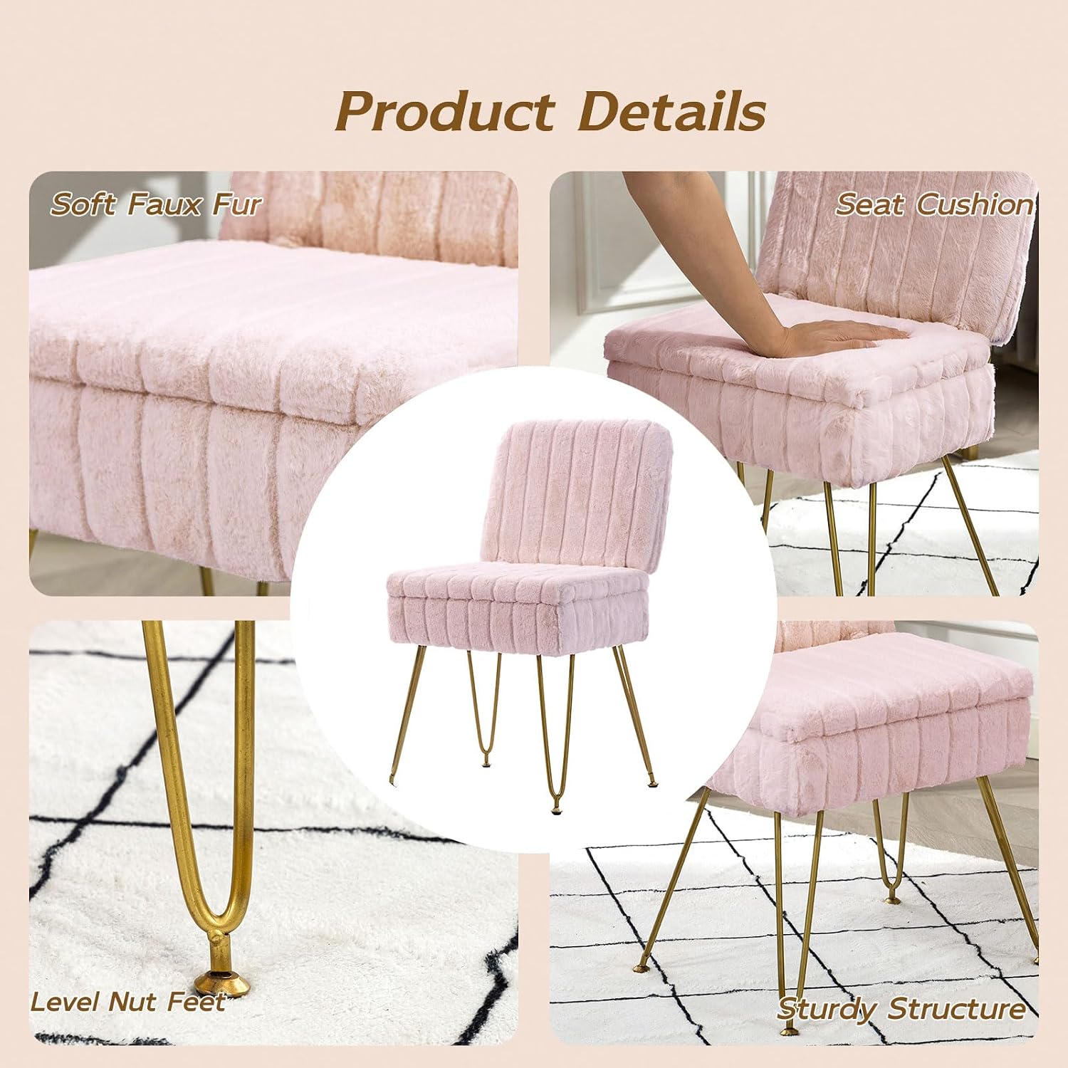 Vanity Chair with Storage | Comfy Ottoman with Folding Back | Faux Fur Vanity Stool with 4 Metal Legs for Make Up | Furry Padded Seat with Anti-Slip Feet for Bedroom Dressing Room | Pink