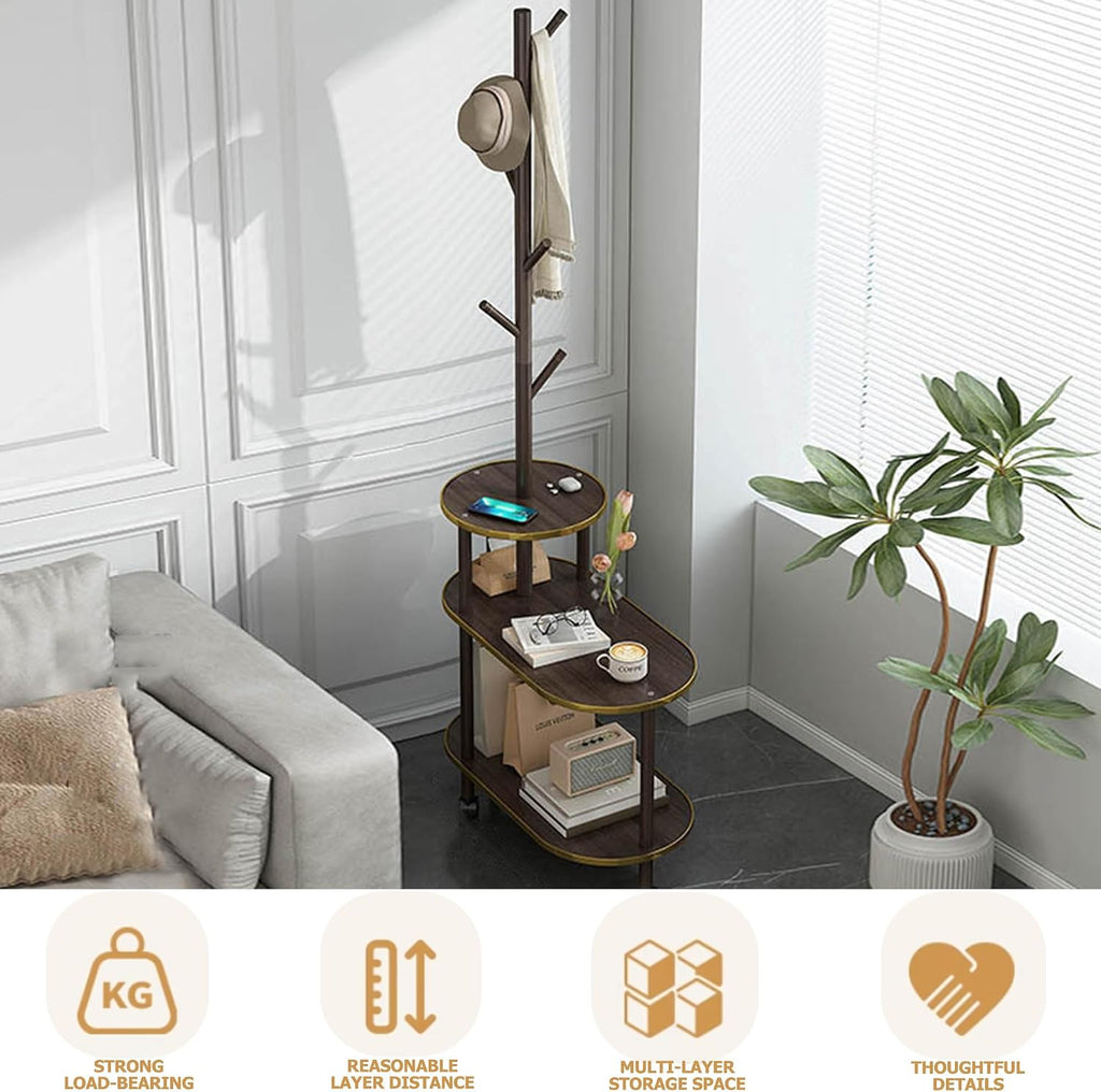 360° Swivel Side Table for Small Spaces End Table with 3-Tier Storage 66" Tall Couch Tables with Coat Rack for Bedroom Living Room Bedside Entrance (White)