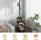 End Table with Coat Rack 3-Tier Couch Side Table with Storage for Small Space Rolling Bedside Tables for Living Room Bedroom 60x30x169CM (Brown)